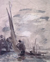 Figures with Cart and Boats on the shore, near cliffs